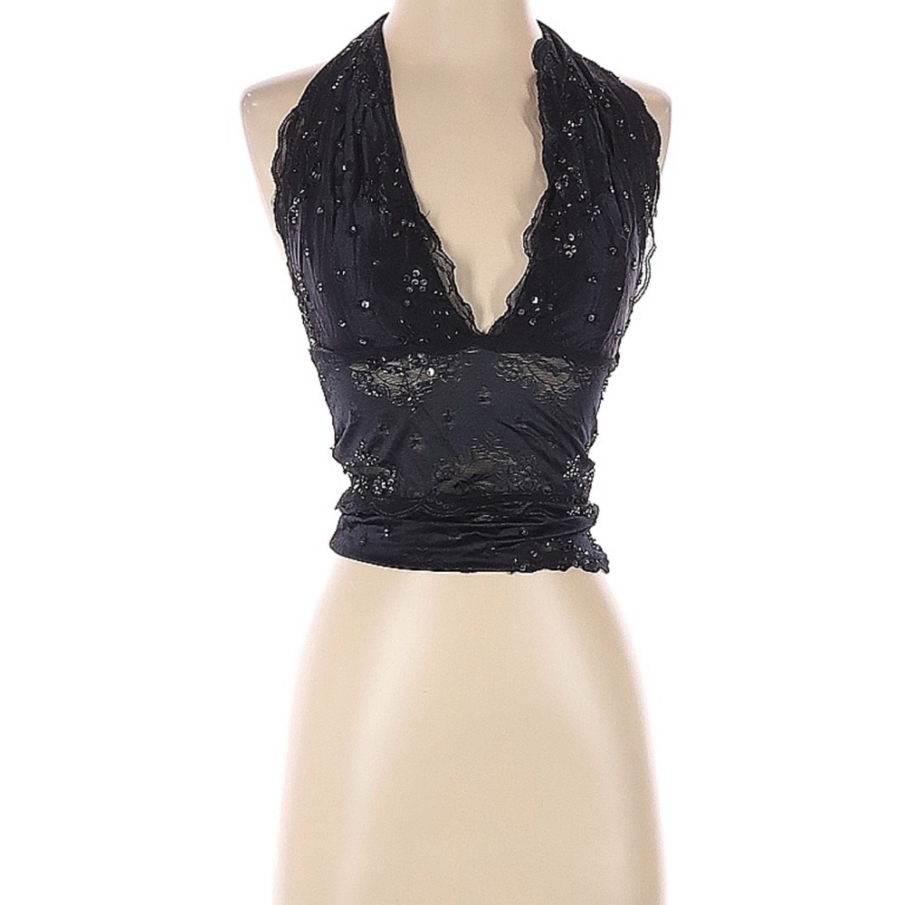 Marciano sequined black lace halter top